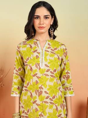  women's cotton flex floral print regular fitted mirror work straight kurta with pant (multi) 5