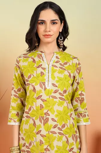  women's cotton flex floral print regular fitted mirror work straight kurta with pant (multi)
