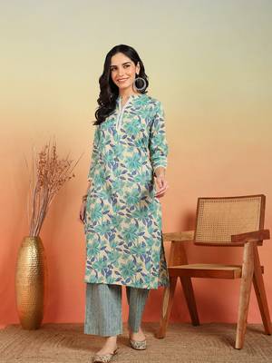  women's cotton flex floral print regular fitted mirror work straight kurta with pant (green) 1