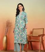 Yash gallery women's cotton flex floral print regular fitted mirror work straight kurta with pant (green)