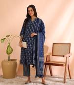 Yash gallery women's cotton cambric straight kurta with printed pant & dupatta