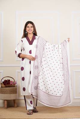  women's white cotton cambric polka dot print straight kurta with pant and dupatta (white) 1