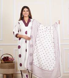  women's white cotton cambric polka dot print straight kurta with pant and dupatta (white)