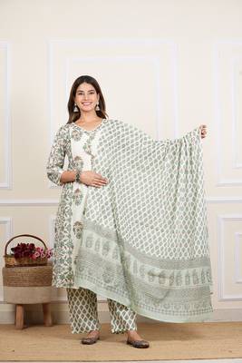  women's cotton cambric floral print straight kurta with pant and dupatta (multi) 1
