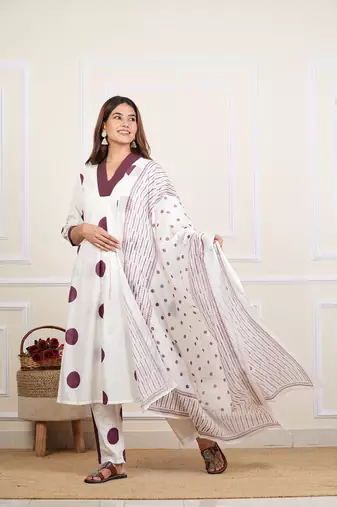  women's white cotton cambric polka dot print straight kurta with pant and dupatta (white)
