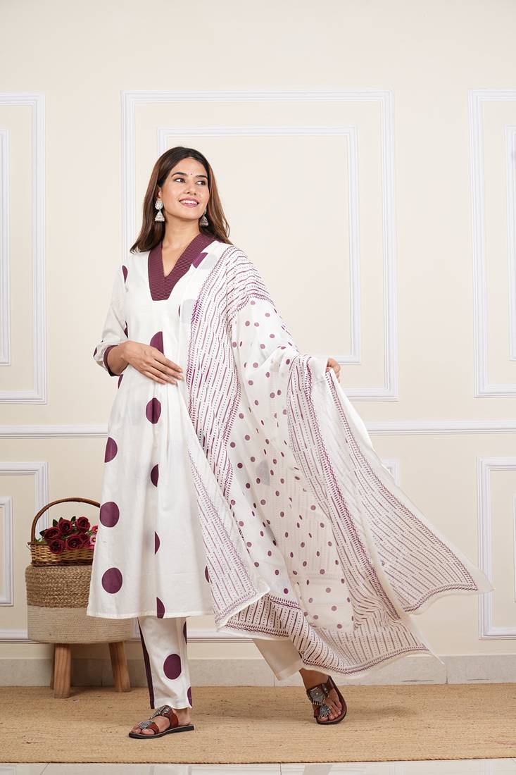 Yash gallery women's white cotton cambric polka dot print straight kurta with pant and dupatta (white)