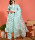 Yash gallery women's cotton floral print with neck anarkali kurta and dupatta (green )