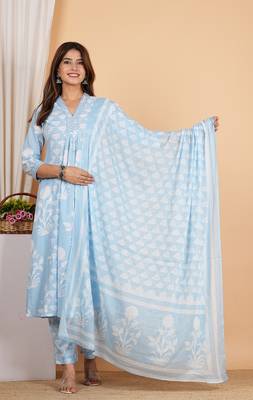  women's cotton anarkali kurta with pant & dupatta (blue) 1