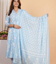  women's cotton anarkali kurta with pant & dupatta (blue)