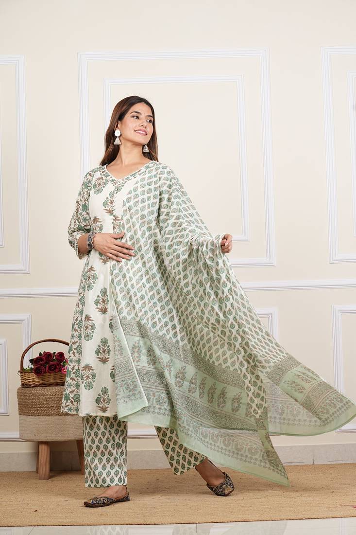 Yash gallery women's cotton cambric floral print straight kurta with pant and dupatta (multi)