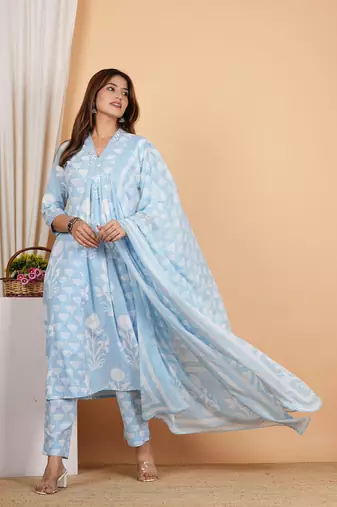  women's cotton anarkali kurta with pant & dupatta (blue)