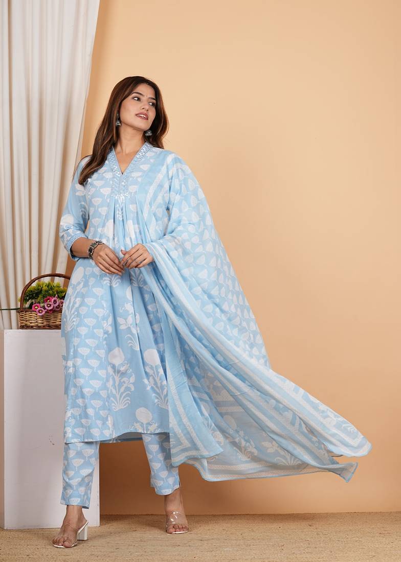 Yash gallery women's cotton anarkali kurta with pant & dupatta (blue)