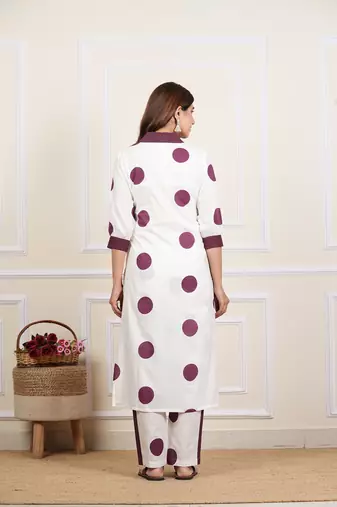  women's white cotton cambric polka dot print straight kurta with pant and dupatta (white)