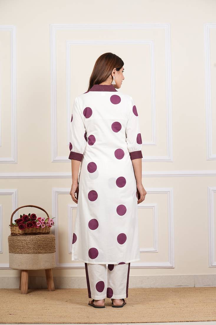 Yash gallery women's white cotton cambric polka dot print straight kurta with pant and dupatta (white)