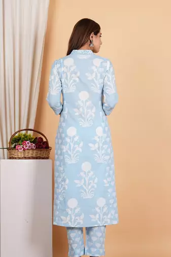  women's cotton anarkali kurta with pant & dupatta (blue)