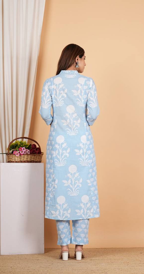 Yash gallery women's cotton anarkali kurta with pant & dupatta (blue)