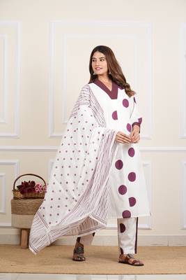  women's white cotton cambric polka dot print straight kurta with pant and dupatta (white) 4