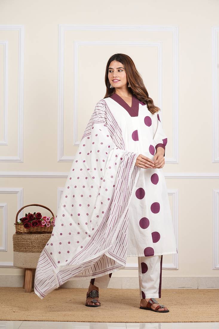 Yash gallery women's white cotton cambric polka dot print straight kurta with pant and dupatta (white)