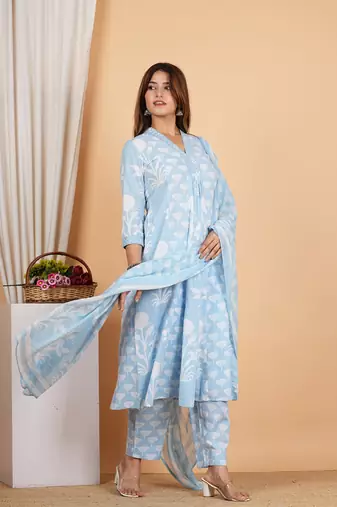  women's cotton anarkali kurta with pant & dupatta (blue)
