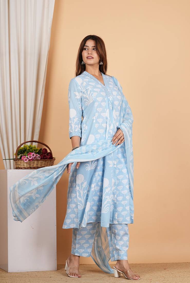 Yash gallery women's cotton anarkali kurta with pant & dupatta (blue)