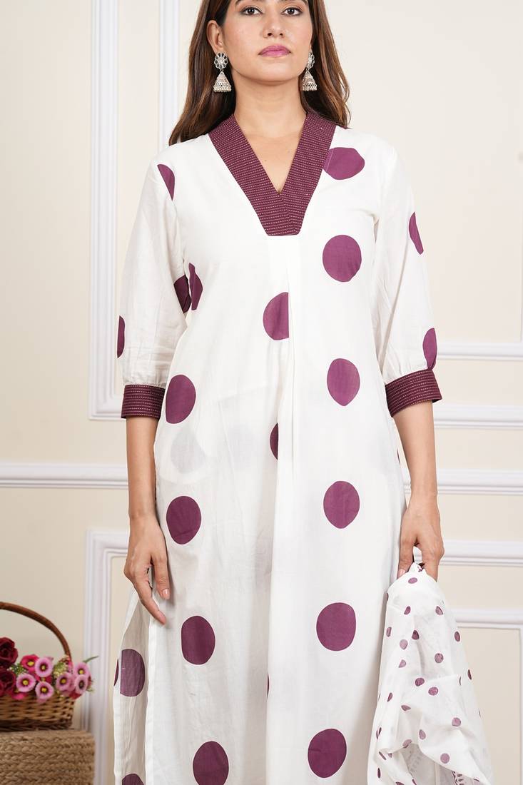 Yash gallery women's white cotton cambric polka dot print straight kurta with pant and dupatta (white)