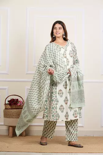  women's cotton cambric floral print straight kurta with pant and dupatta (multi)