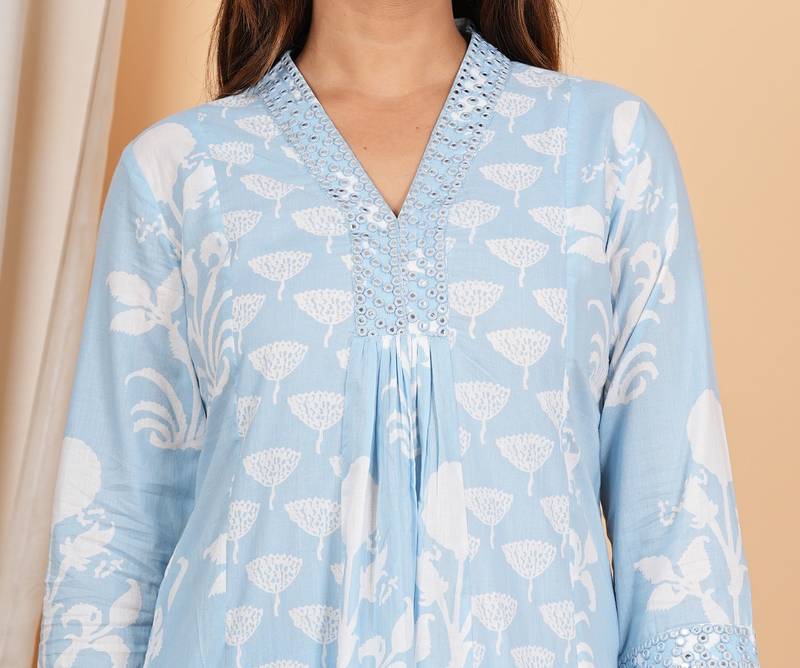 Yash gallery women's cotton anarkali kurta with pant & dupatta (blue)