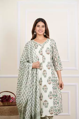  women's cotton cambric floral print straight kurta with pant and dupatta (multi)