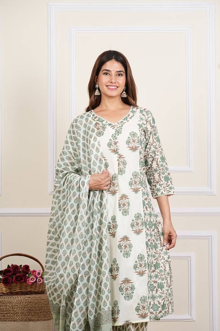 Yash gallery women's cotton cambric floral print straight kurta with pant and dupatta (multi)