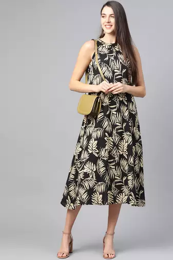 Yash gallery women's hot neck leaf print a-line dress