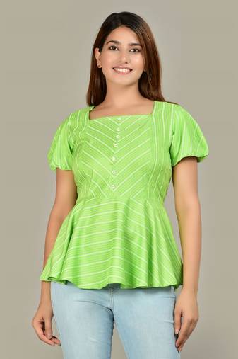 Yash gallery women's rayon stripe printed regular top (green)