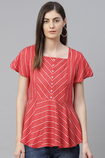 Yash gallery women's rayon stripe printed regular top (red)