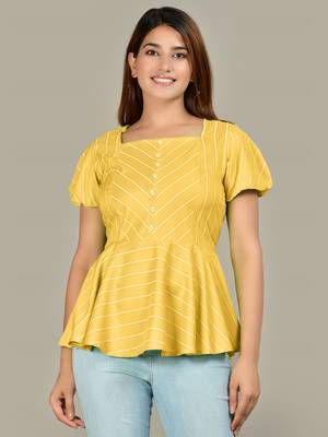  women's rayon stripe printed regular top (mustard) 1