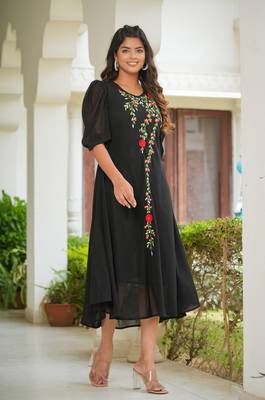  women's floral embroidered anarkali dress (black) 1