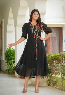 women's floral embroidered anarkali dress (black) 3