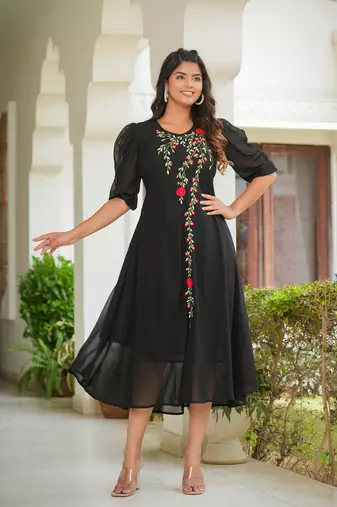  women's floral embroidered anarkali dress (black)