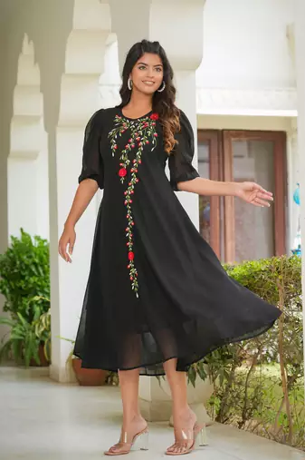  women's floral embroidered anarkali dress (black)