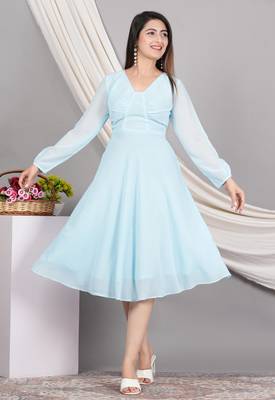  women's georgette gathered flared dress (skyblue) 1
