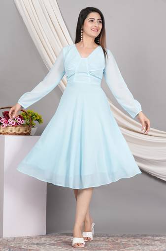 Yash gallery women's georgette gathered flared dress (skyblue)
