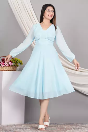 Yash gallery women's georgette gathered flared dress (skyblue)