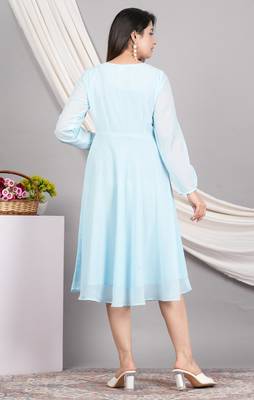  women's georgette gathered flared dress (skyblue) 2