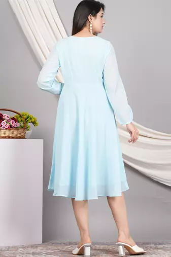  women's georgette gathered flared dress (skyblue)