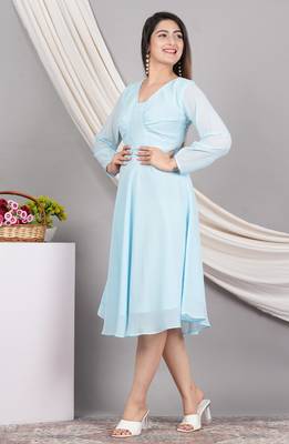  women's georgette gathered flared dress (skyblue) 3