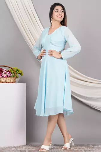 women's georgette gathered flared dress (skyblue)