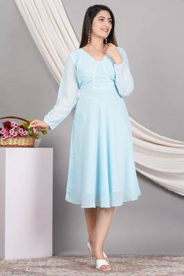  women's georgette gathered flared dress (skyblue) 4