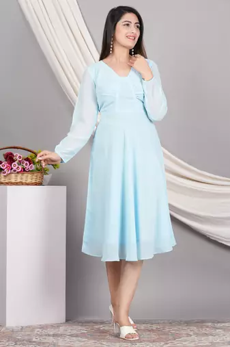  women's georgette gathered flared dress (skyblue)