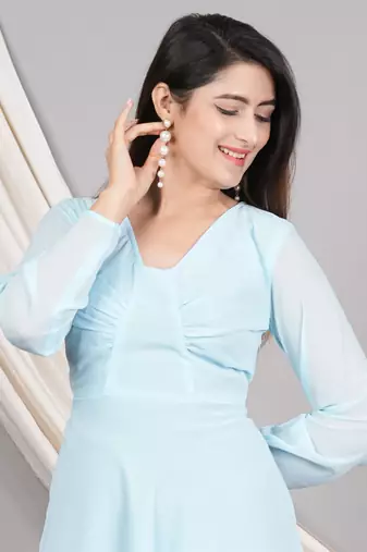  women's georgette gathered flared dress (skyblue)