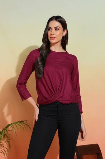 Yash gallery women's rayon  solid  waist lengtth draped style round neck  3/4th sleeve  top (purple)
