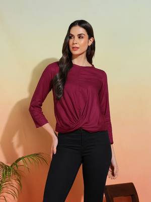  women's rayon solid waist lengtth draped style round neck 3/4th sleeve top (purple) 1