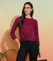  women's rayon solid waist lengtth draped style round neck 3/4th sleeve top (purple)
